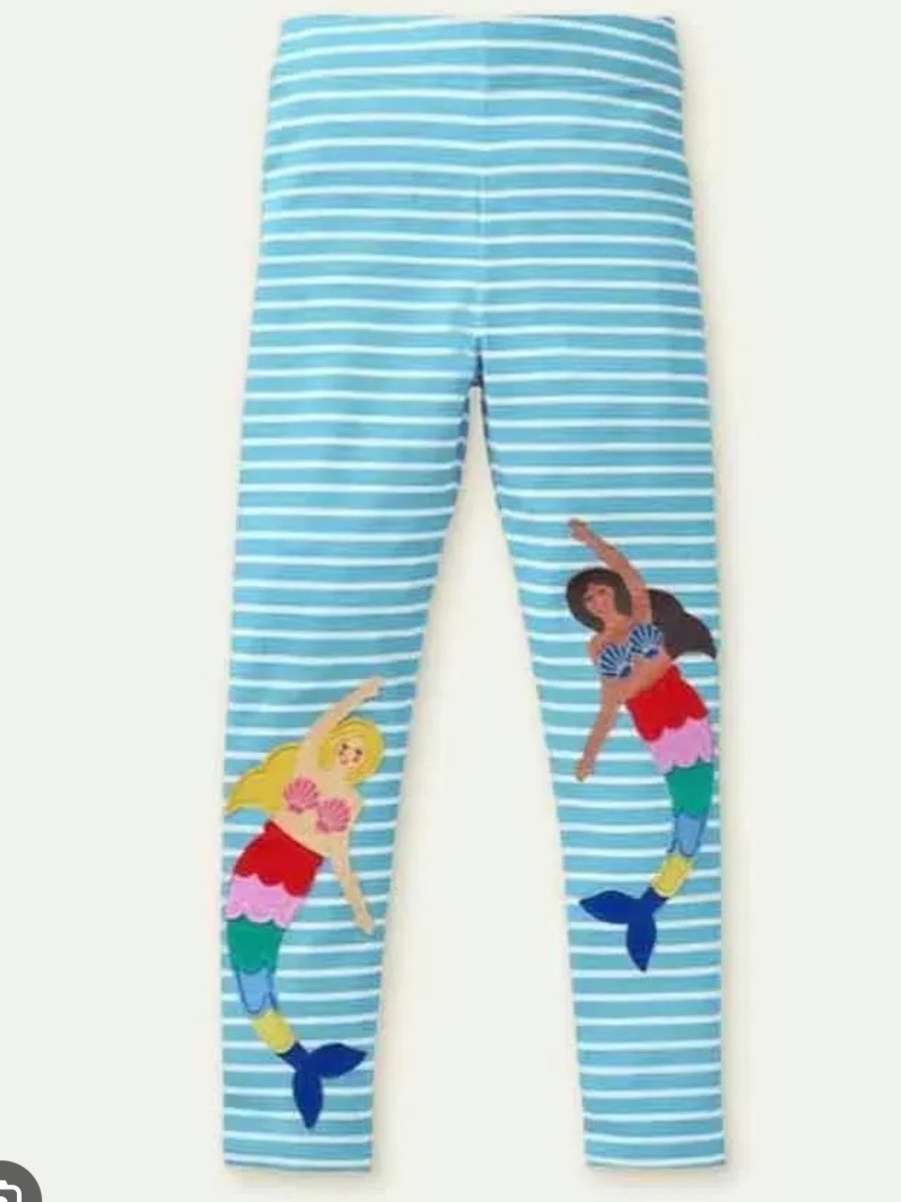Boden Girls Blue Stripe Mermaid Appliqué Leggings - size 5-6Y